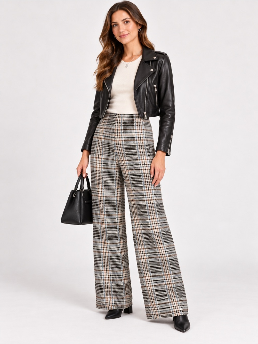 H&M Plaid Houndstooth Wide Leg Pull-On Pants Size M